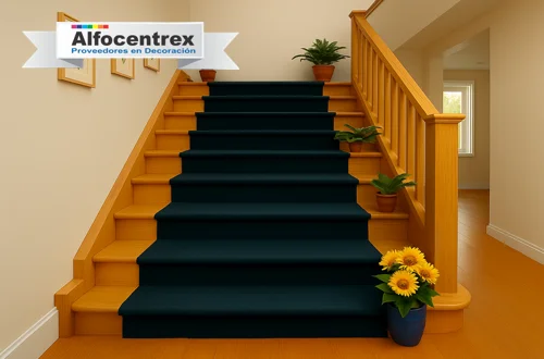 Alfombra decorativa instalada sobre escalera residencial, ideal para dar elegancia y seguridad en espacios interiores de Pasto — Alfocentrex Colombia